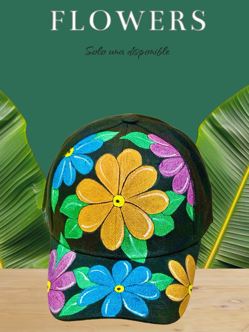 Black Floral Painted Baseball Cap - Multicolor Flower Print - Picture 3 of 13